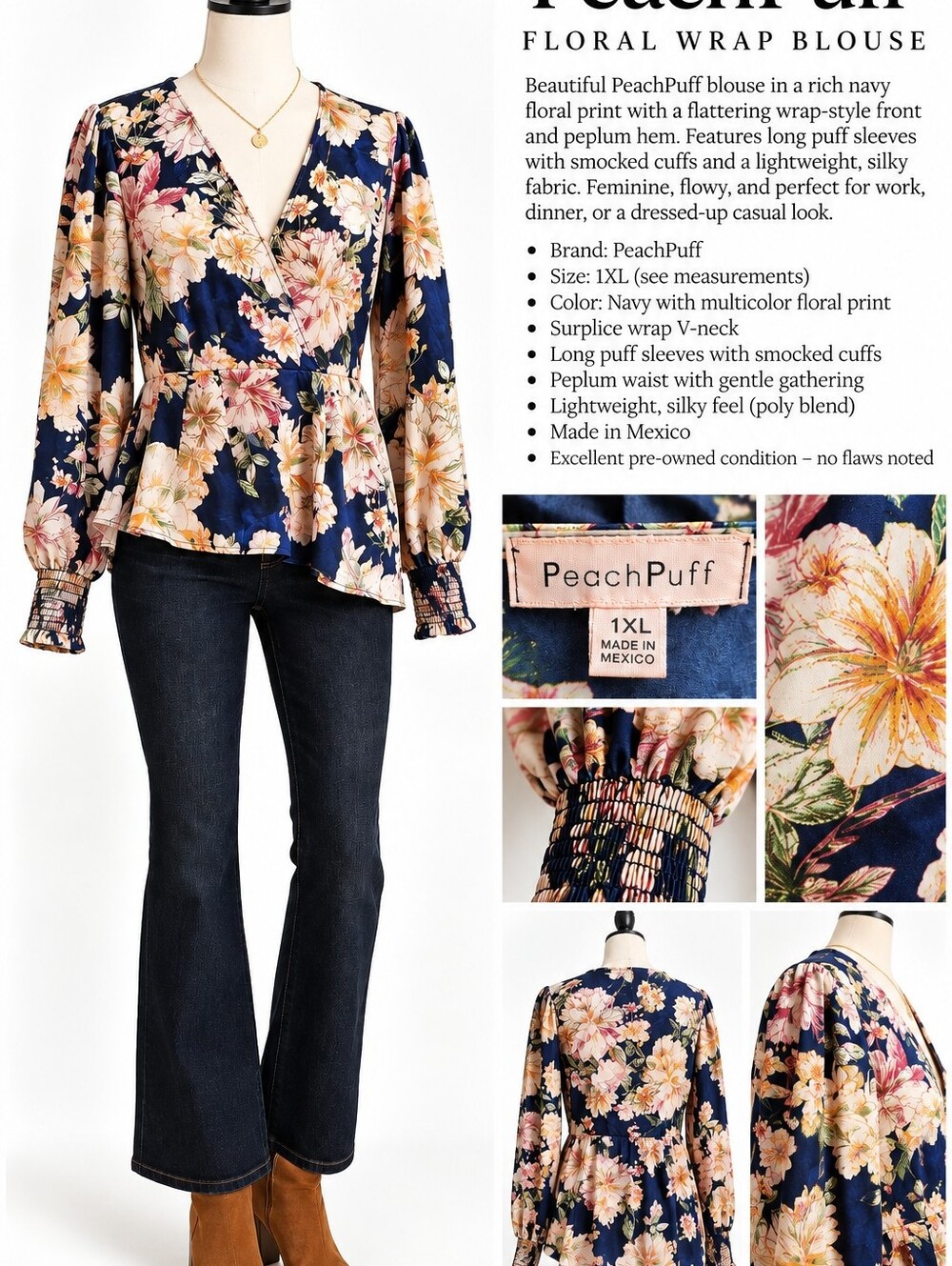 TITLEPeachPuff 1XL Navy Floral Wrap Peplum Blouse Smocked Cuff Puff Sleeve